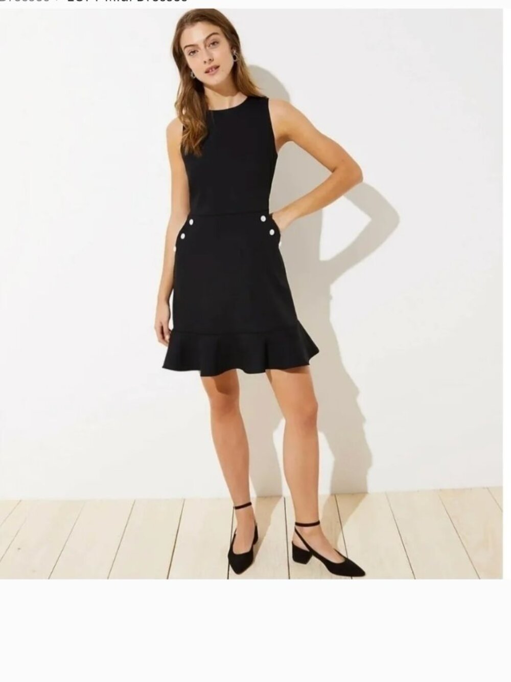 LOFT Navy Pearl Button Pocket Flounce Hem Sleeveless Mini Shift Dress 00P